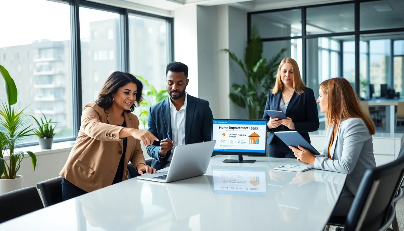 diverse team discussing home improvement loans in a modern office.