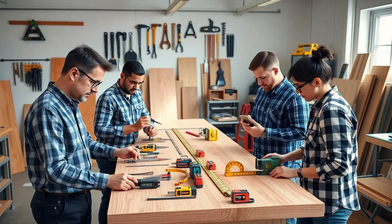 diverse professionals using measuring tools in a modern workshop setting.