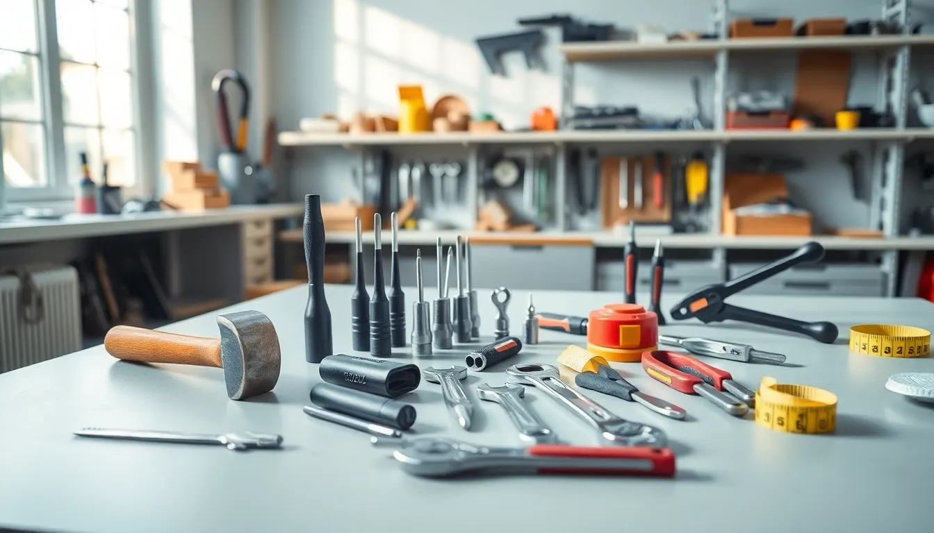 essential hand tools neatly arranged in a modern workshop.