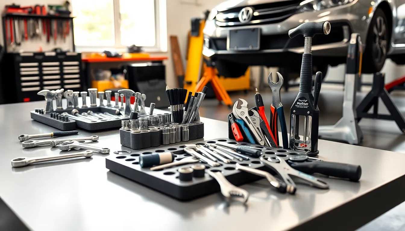 well-organized automotive workshop with essential hand tools.
