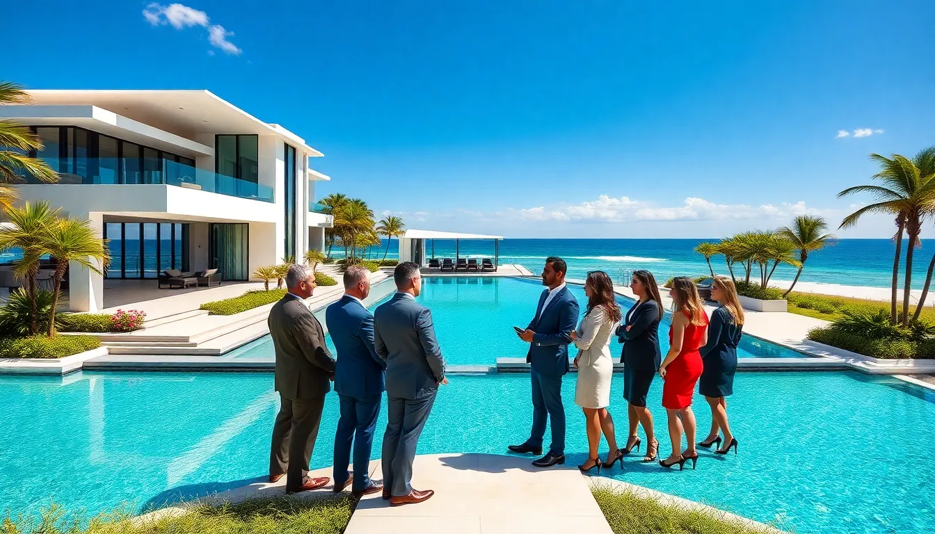 luxury waterfront estate in Florida with professionals discussing real estate.