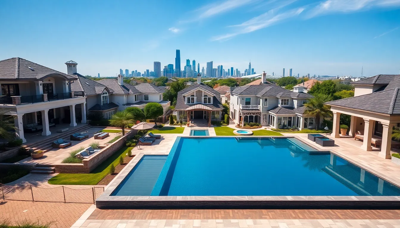 luxurious homes in a Dallas neighborhood with a skyline view.