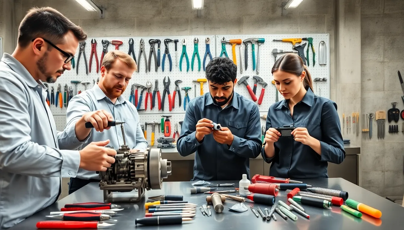 professionals using hand tools in a modern mechanical workshop.